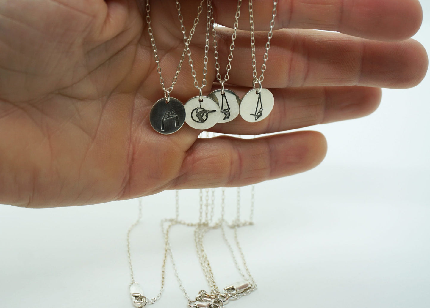 Aerial arts silver disc modern necklaces