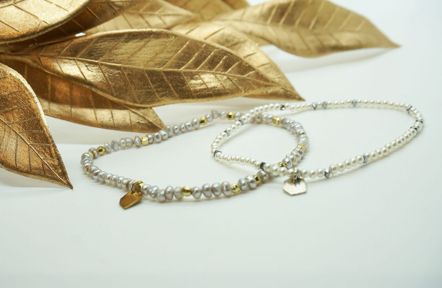 Holiday grey and white pearl stretch bracelets