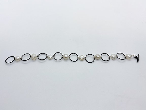 Oxidized sterling silver chain bracelet pearls
