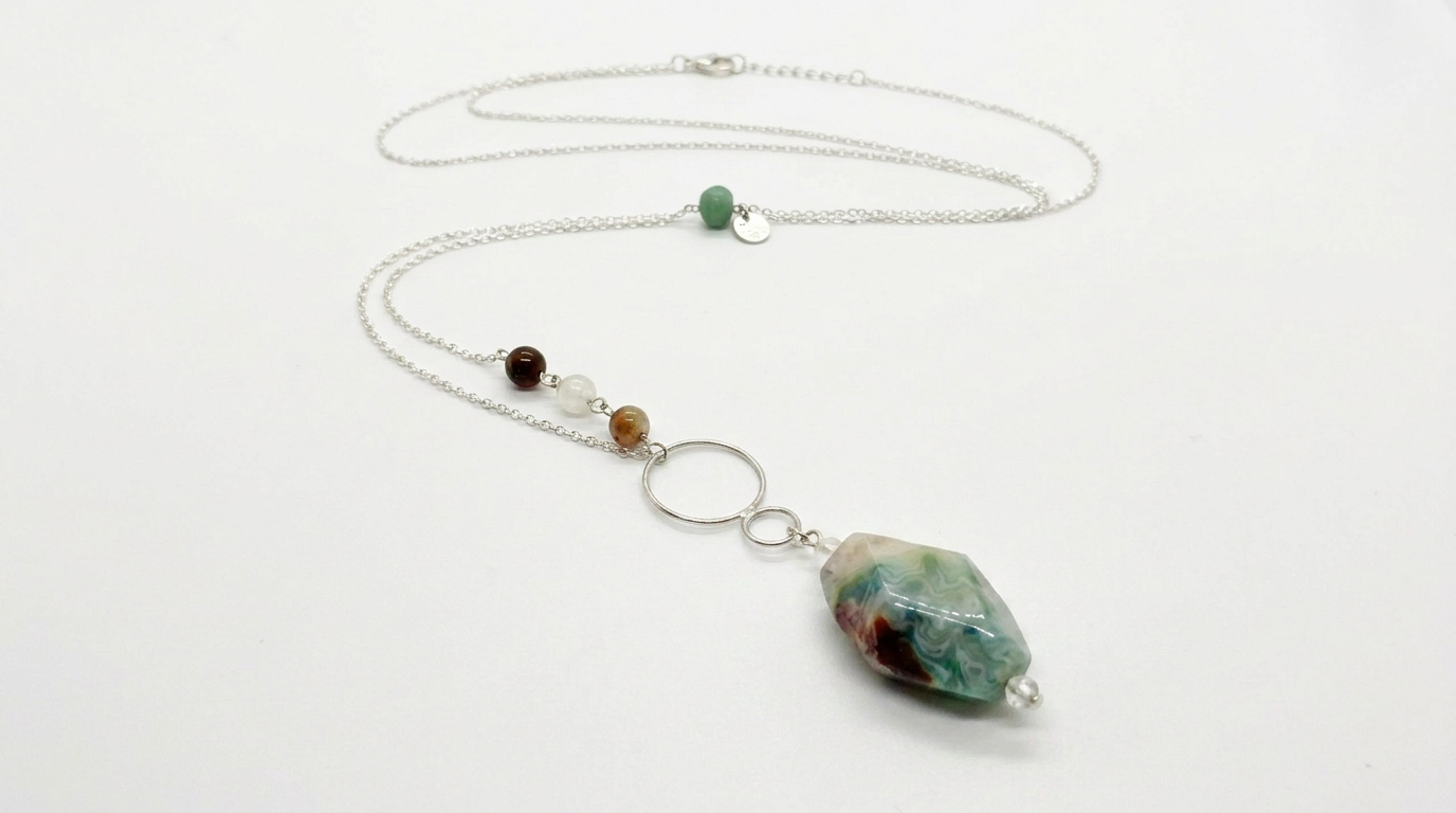 Agate & Aquamarine Silver Pendant Necklace — view 3