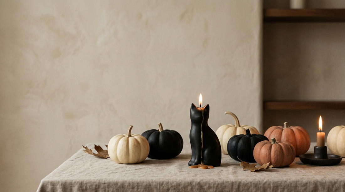Moody minimalist Halloween still life with candlelight, pumpkins, and a cat-shaped candle