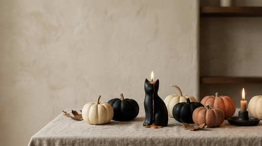 Moody minimalist Halloween still life with candlelight, pumpkins, and a cat-shaped candle