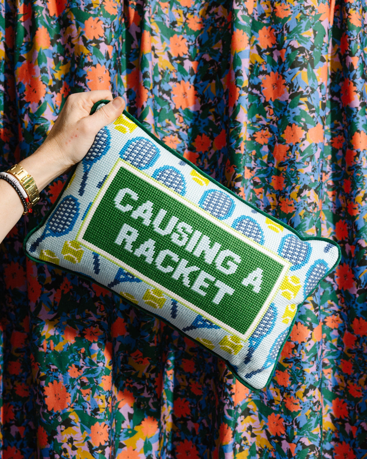 Causing A Racket Needlepoint Pillow