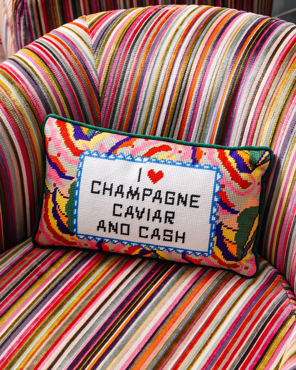 Caviar and Cash Needlepoint Pillow