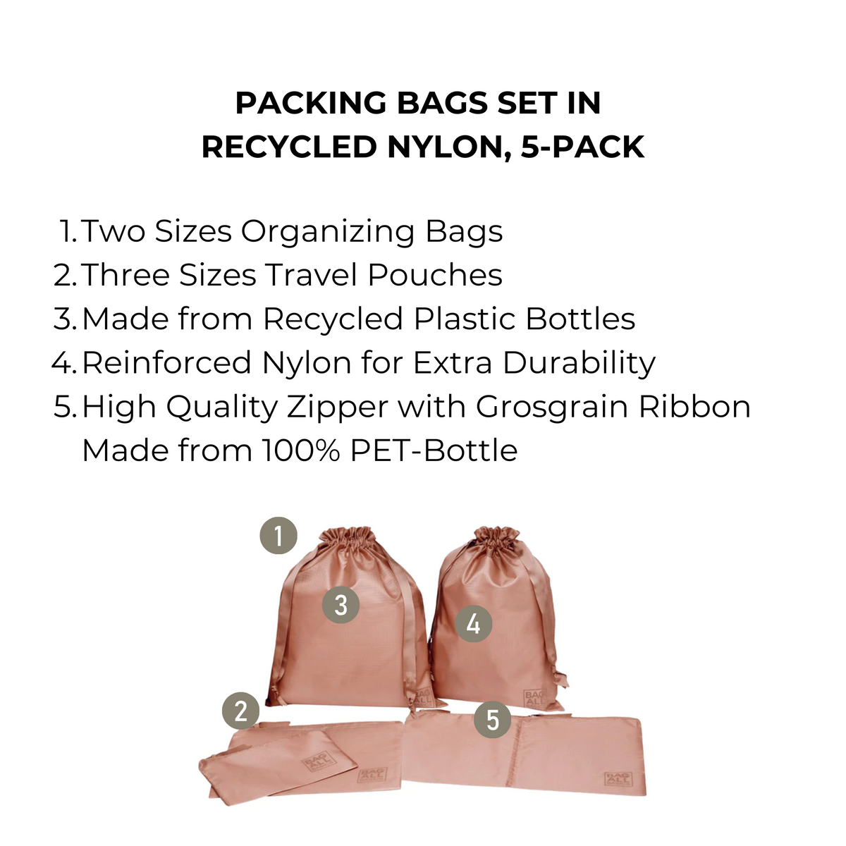 Packing Bags Set – Recycled Nylon – 5-pack – Pink/Blush