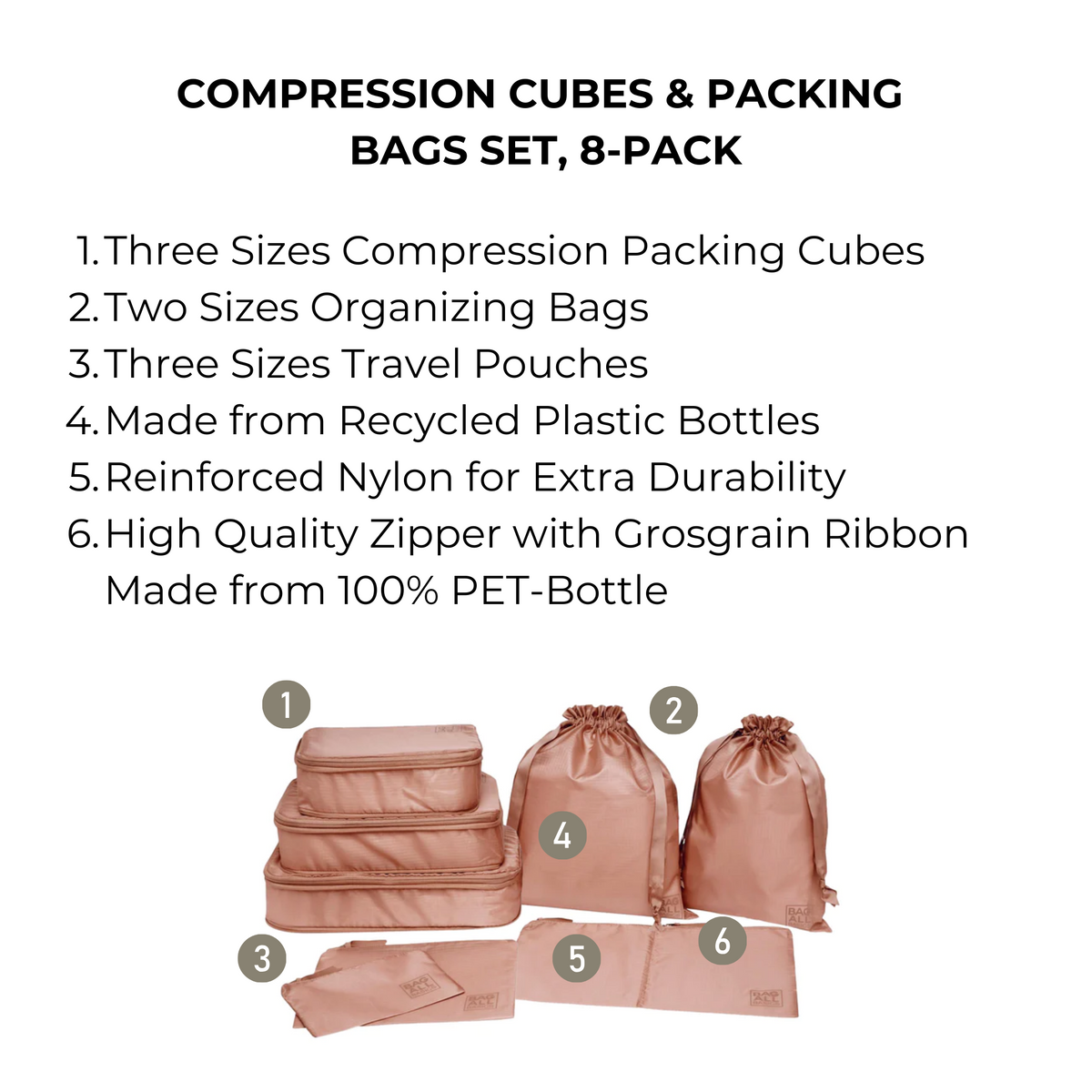 Compression Packing Cubes & Packing Bags – Recycled Nylon – 8-pack – Pink/Blush