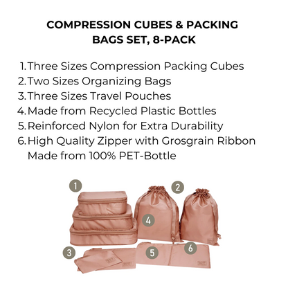 Compression Packing Cubes & Packing Bags – Recycled Nylon – 8-pack – Pink/Blush