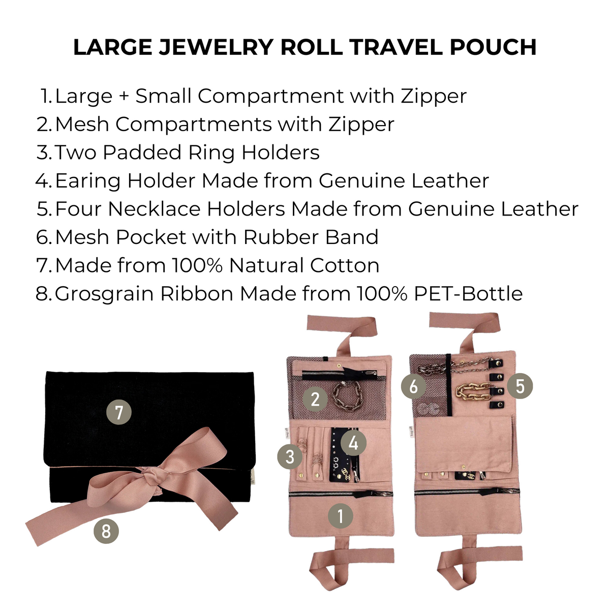 Large Jewelry Roll, Travel Pouch – Black