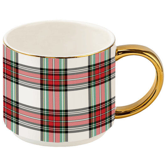 White Plaid 14 oz Gold Handle Coffee Mug