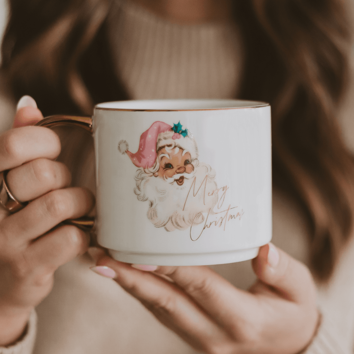 Vintage Santa 14 oz Gold Handle Coffee Mug