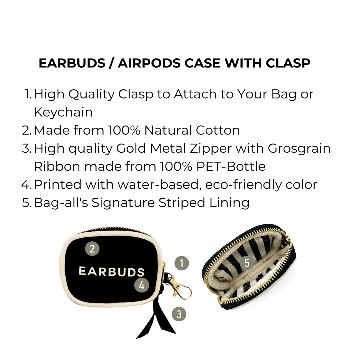 Earbuds Travel Case w Clasp – Black