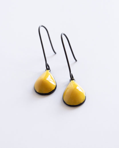 blackened silver ear wires with yellow raindrops