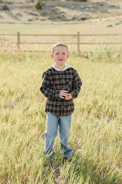 Dark Plaid Hooded Button Up Shirt