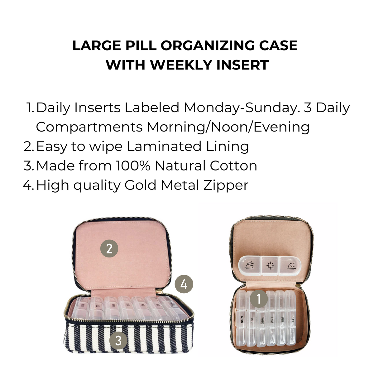 Large Pill Travel Case with Individual Daily Pill Organizer – Striped