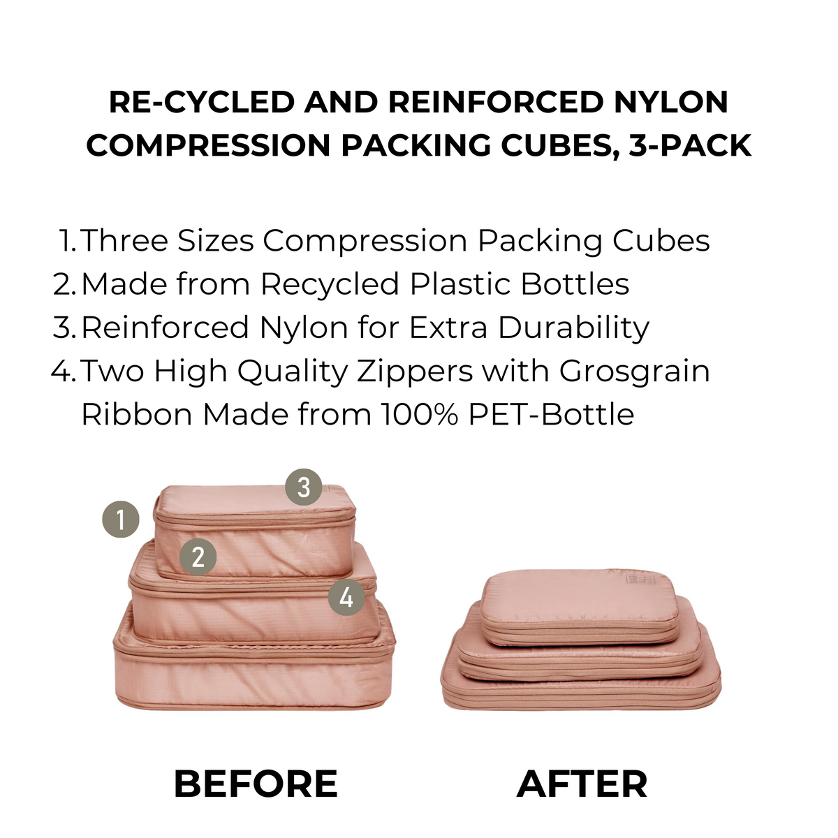 Compression Packing Cubes – Recycled Nylon – 3-pack – Pink/Blush