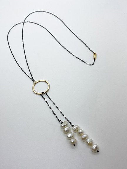 Gold silver pearl lariat necklace