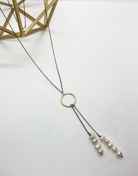 Gold silver circle pearl lariat necklace
