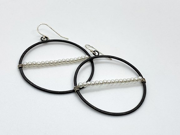 Black silver and pearl circle dangle earrings