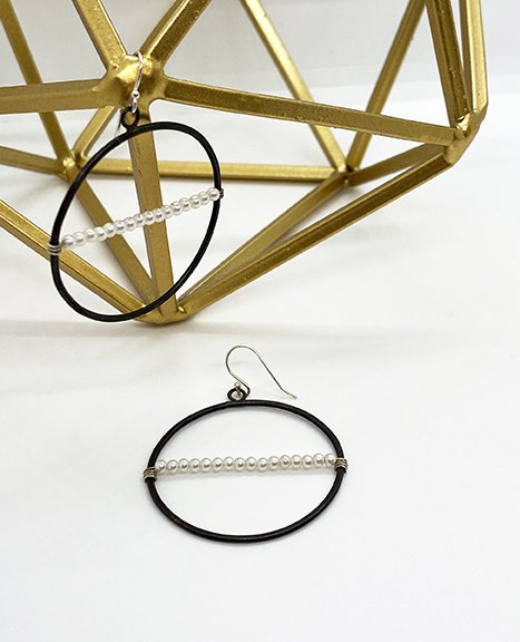 Black silver and pearl circle dangle earrings
