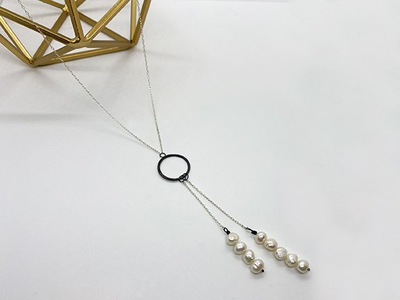 Oxidized silver and pearl lariat necklace