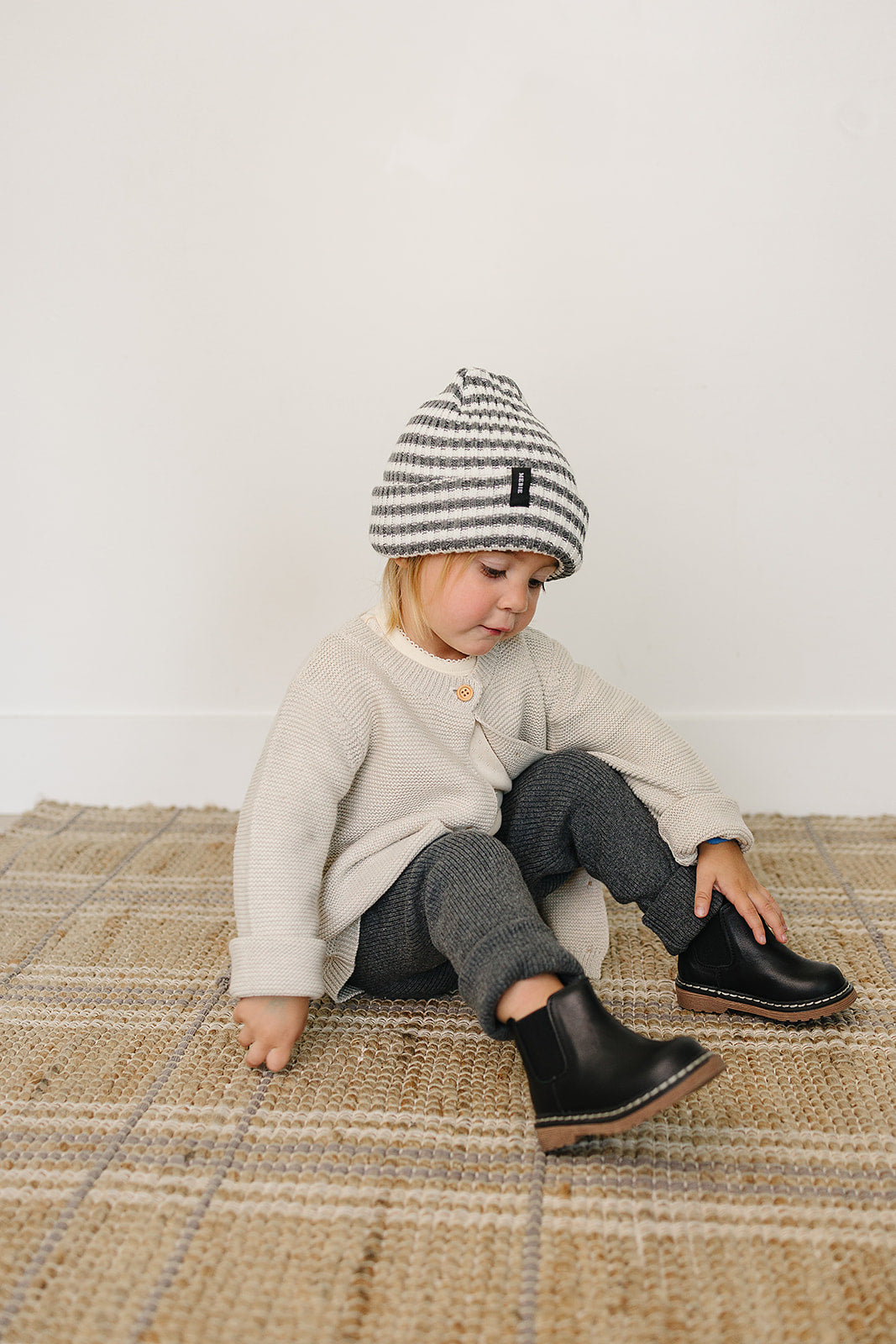 Grey & White Stripe Chunky Knit Beanie