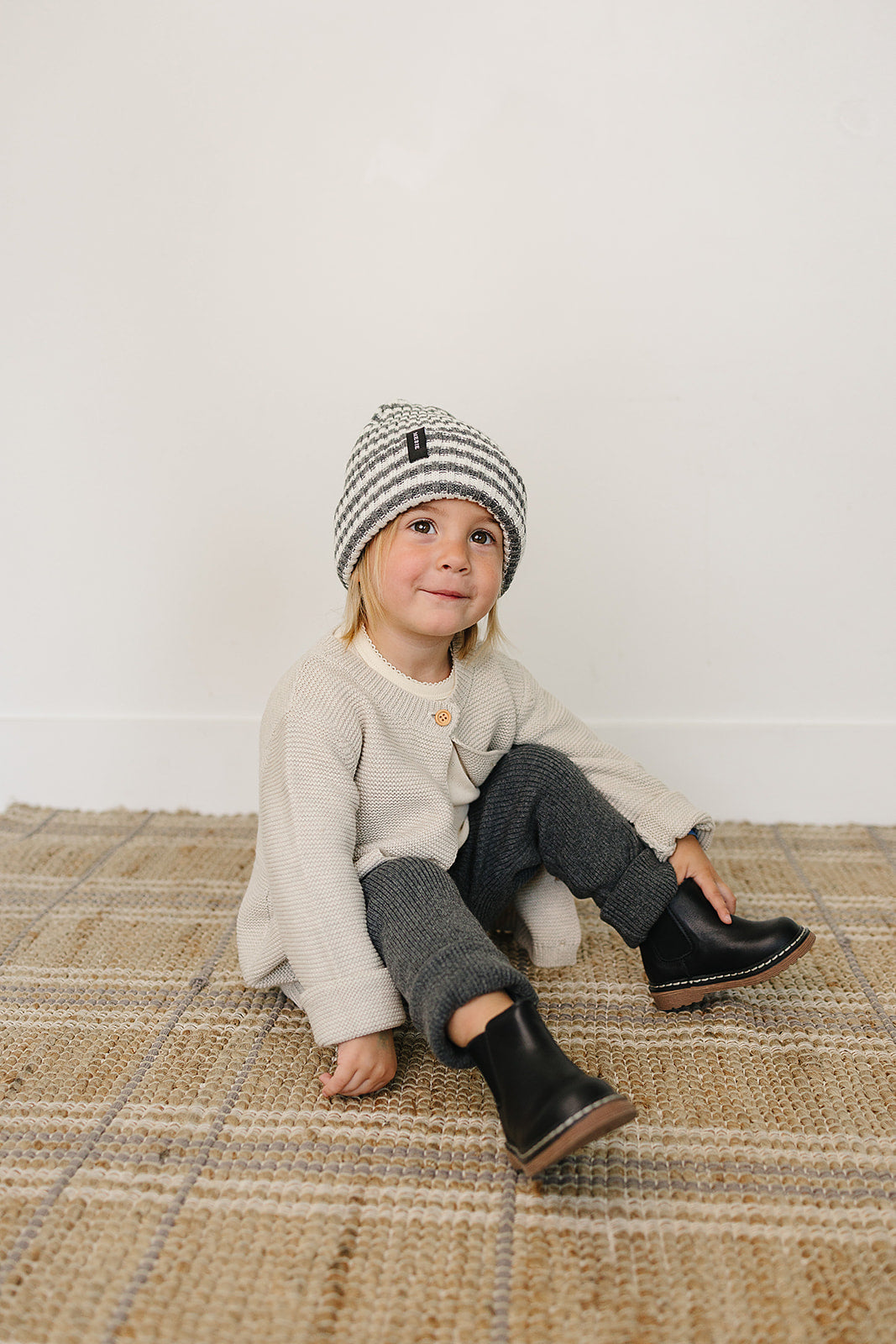Grey & White Stripe Chunky Knit Beanie