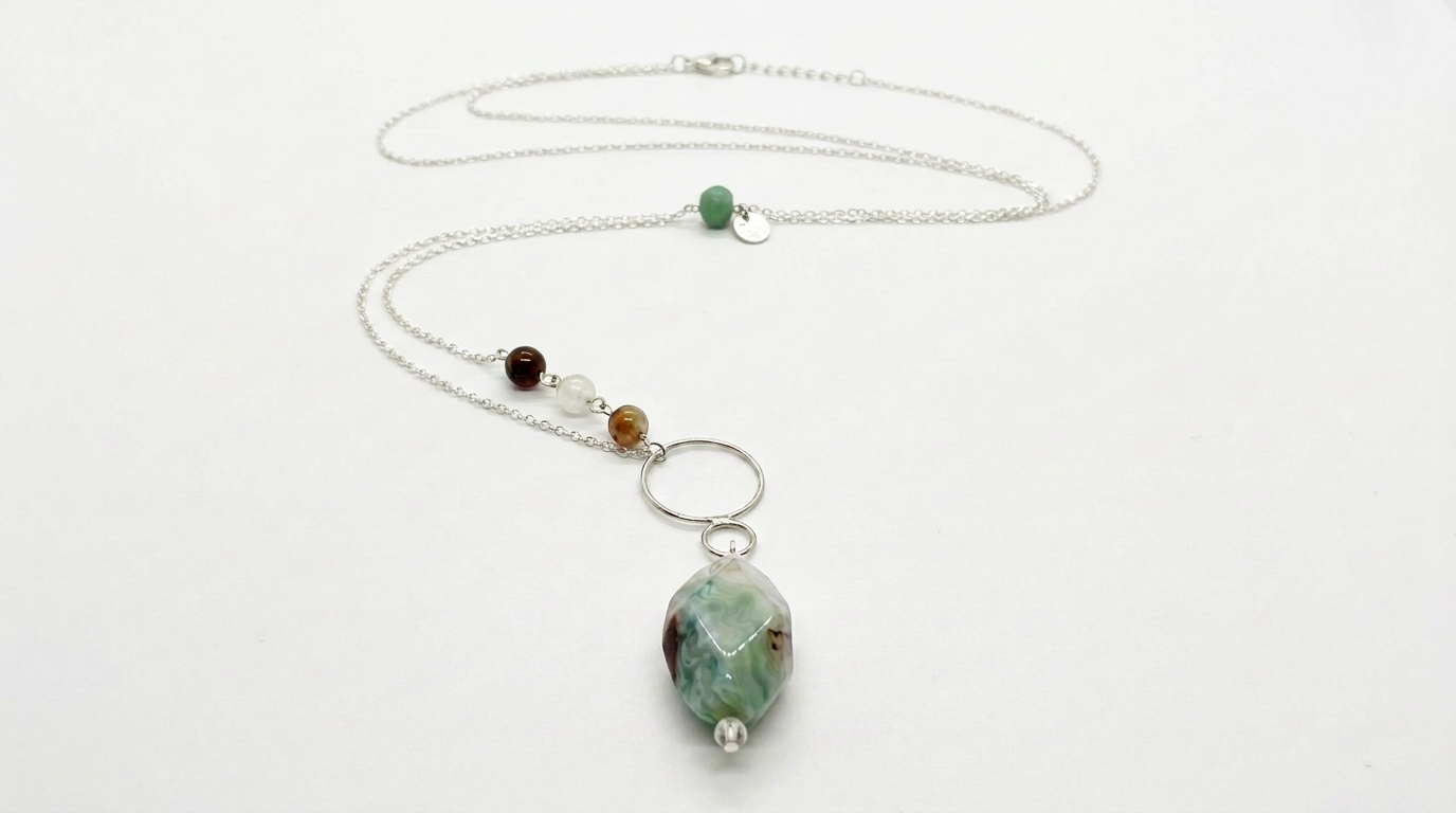 Agate & Aquamarine Silver Pendant Necklace — view 2