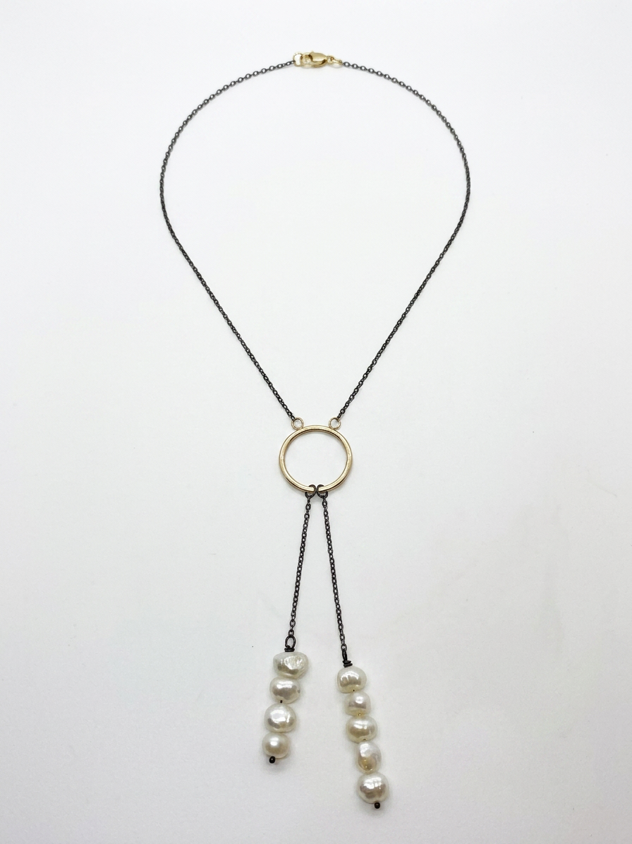 Modern Pearl Gold Lariat Necklace — view 2