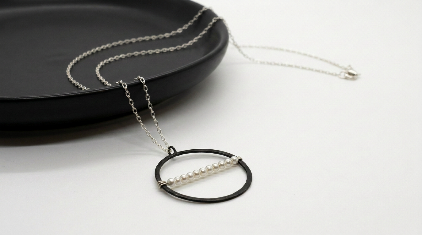 Tara Elaina Jewelry Modern Pearl Oxidized Silver Pendant Necklace — view 2