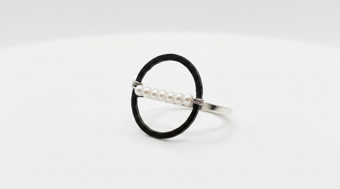 Modern Pearl Oxidized Silver Circle Ring — 4 — view 1