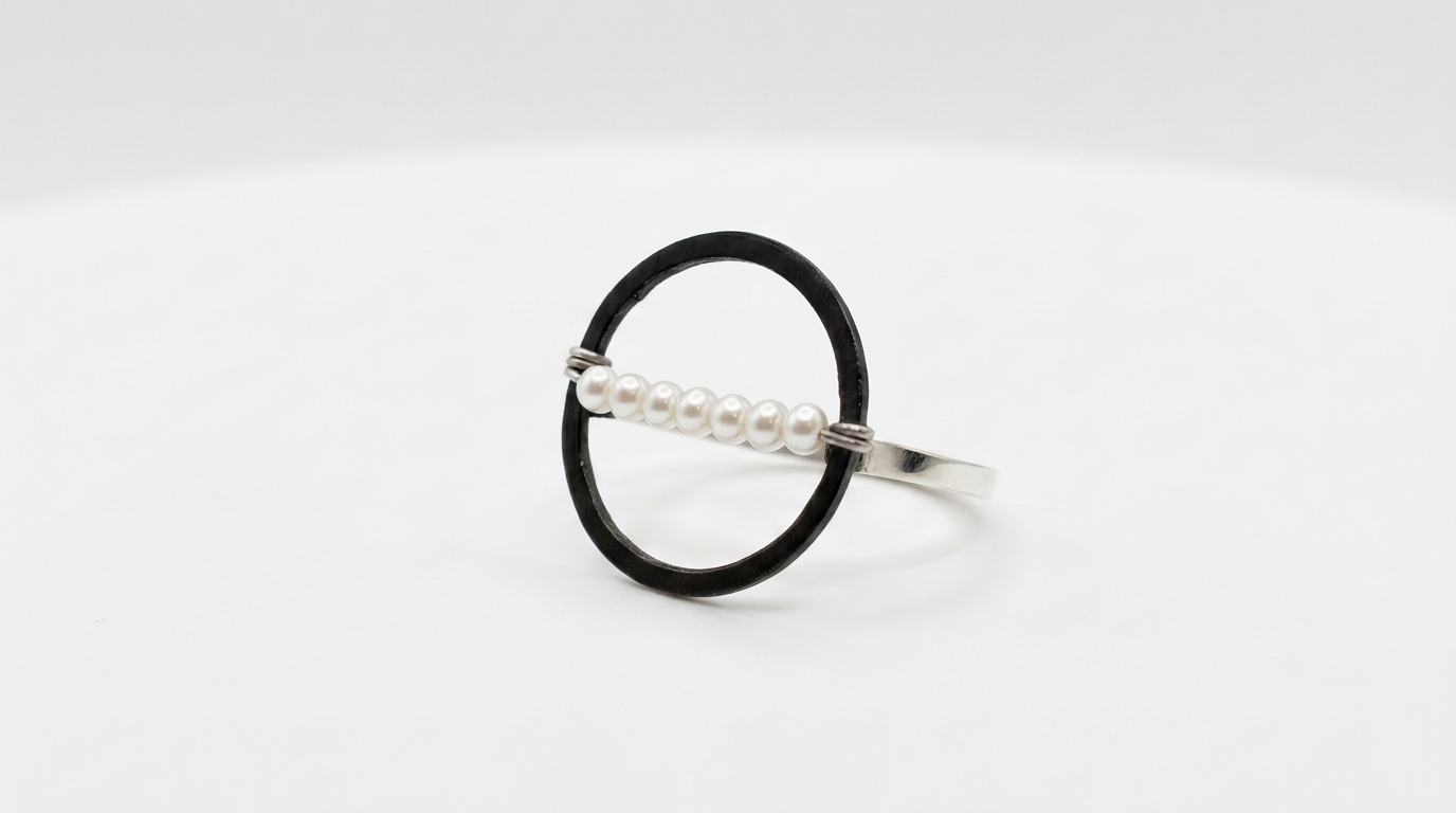 Tara Elaina Jewelry Modern Pearl Oxidized Silver Circle Ring — 4 — view 1