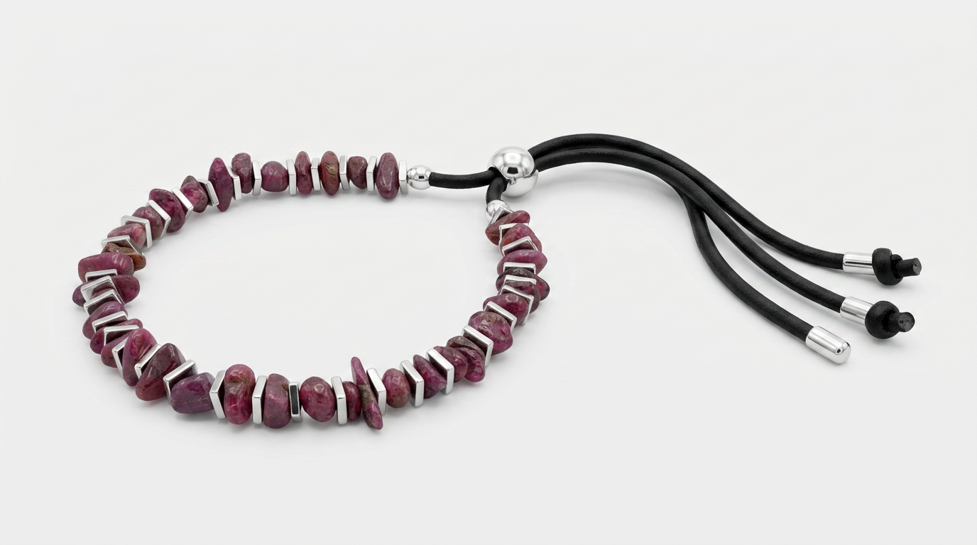 Tara Elaina Jewelry Raw Ruby Adjustable Slider Bracelet — Black leather w/silver accents — view 1