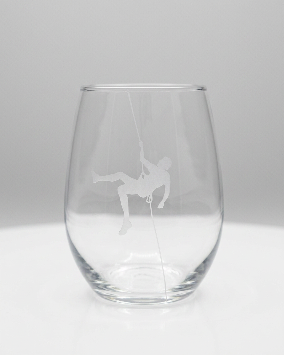 Tara Elaina Jewelry Rock Climbing Etched Stemless Wine Glass — Male Ropes Climber — view 1