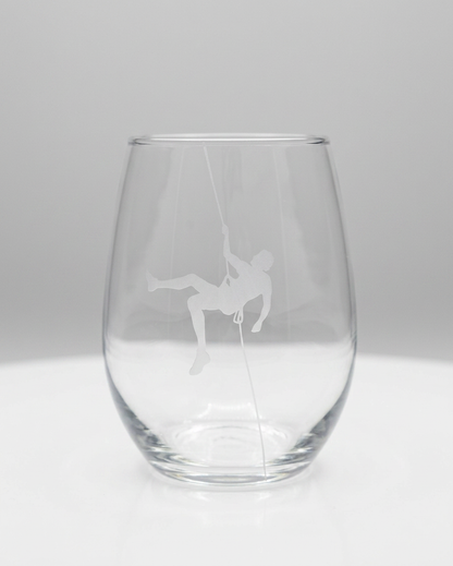 Tara Elaina Jewelry Rock Climbing Etched Stemless Wine Glass — Male Ropes Climber — view 1