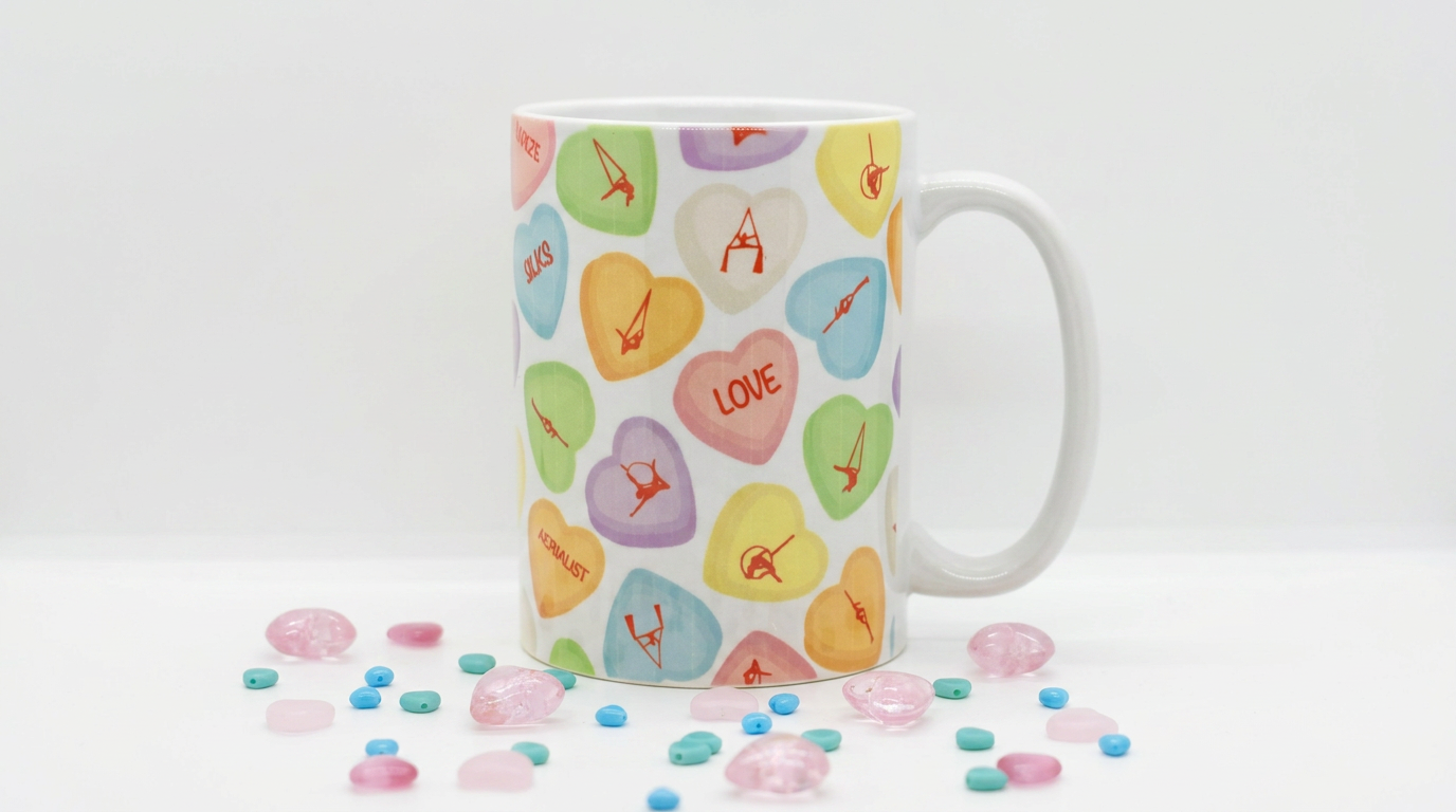 Tara Elaina Jewelry Candy Hearts Aerialist Ceramic Mug — view 1