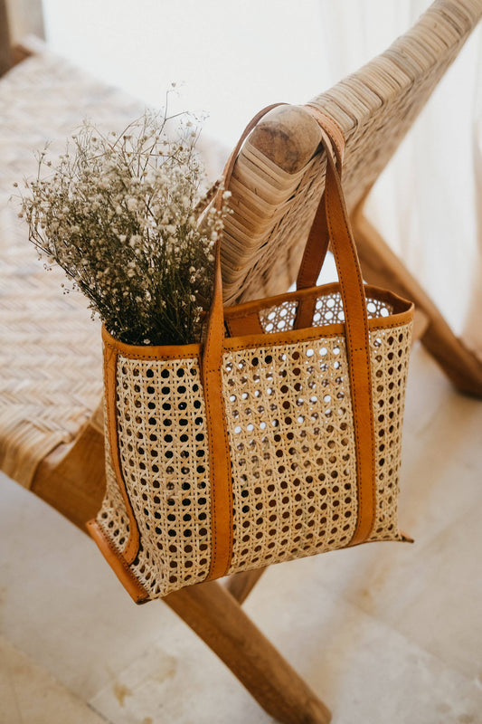 Pink Haley Magnolia Handmade Cane Woven and Leather Tote